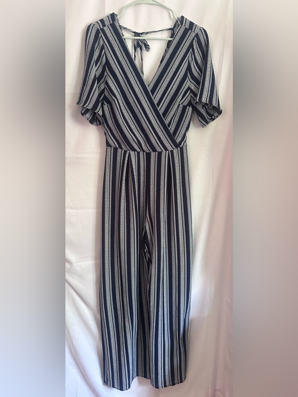 Trixxi Navy & White Striped Wrap-Front Jumpsuit with Tie Waist - Picture 6 of 7